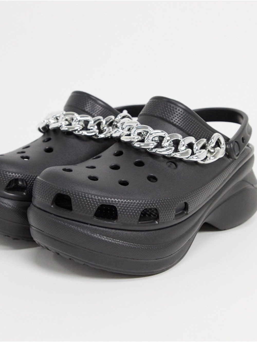CROCS Black Platform Clogs with Silver Chain Trim